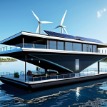 Exterior View: Sustainable Floating Community**

A sleek, modern floating residential platform, designed with futuristic architecture, anchored on calm, clear blue water under a bright sky. The platform showcases integrated renewable energy features like discreet solar panels and elegant wind turbines. Surrounding it are other similar, aesthetically pleasing floating structures, forming a harmonious, self-sufficient community. The scene emphasizes innovation, sustainability, and a tranquil connection to the marine environment. Professional photography, high quality, safe for work, appropriate content, fully clothed, correct proportions, modest, family-friendly.

**