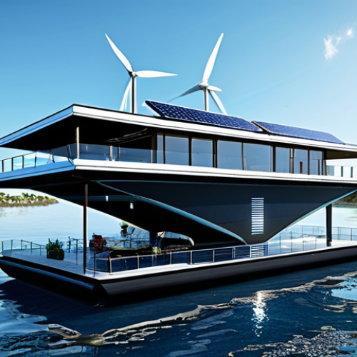 Home 4 Exterior View: Sustainable Floating Community**
A sleek, modern floating residential platform, designed with futuristic architecture, anchored on calm, clear blue water under a bright sky. The platform showcases integrated renewable energy features like discreet solar panels and elegant wind turbines. Surrounding it are other similar, aesthetically pleasing floating structures, forming a harmonious, self-sufficient community. The scene emphasizes innovation, sustainability, and a tranquil connection to the marine environment. Professional photography, high quality, safe for work, appropriate content, fully clothed, correct proportions, modest, family-friendly.
**