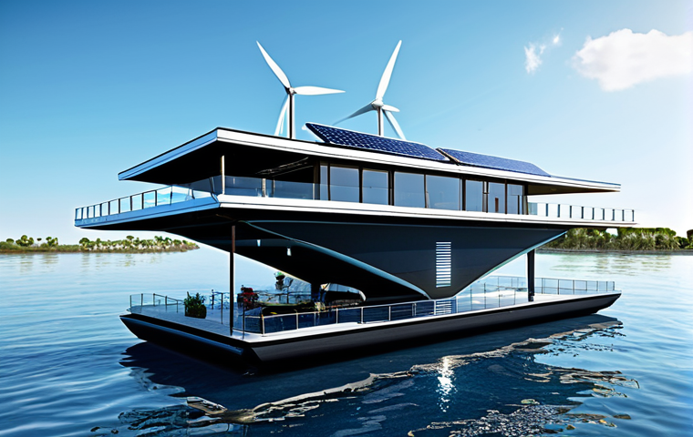 Exterior View: Sustainable Floating Community**

A sleek, modern floating residential platform, designed with futuristic architecture, anchored on calm, clear blue water under a bright sky. The platform showcases integrated renewable energy features like discreet solar panels and elegant wind turbines. Surrounding it are other similar, aesthetically pleasing floating structures, forming a harmonious, self-sufficient community. The scene emphasizes innovation, sustainability, and a tranquil connection to the marine environment. Professional photography, high quality, safe for work, appropriate content, fully clothed, correct proportions, modest, family-friendly.

**